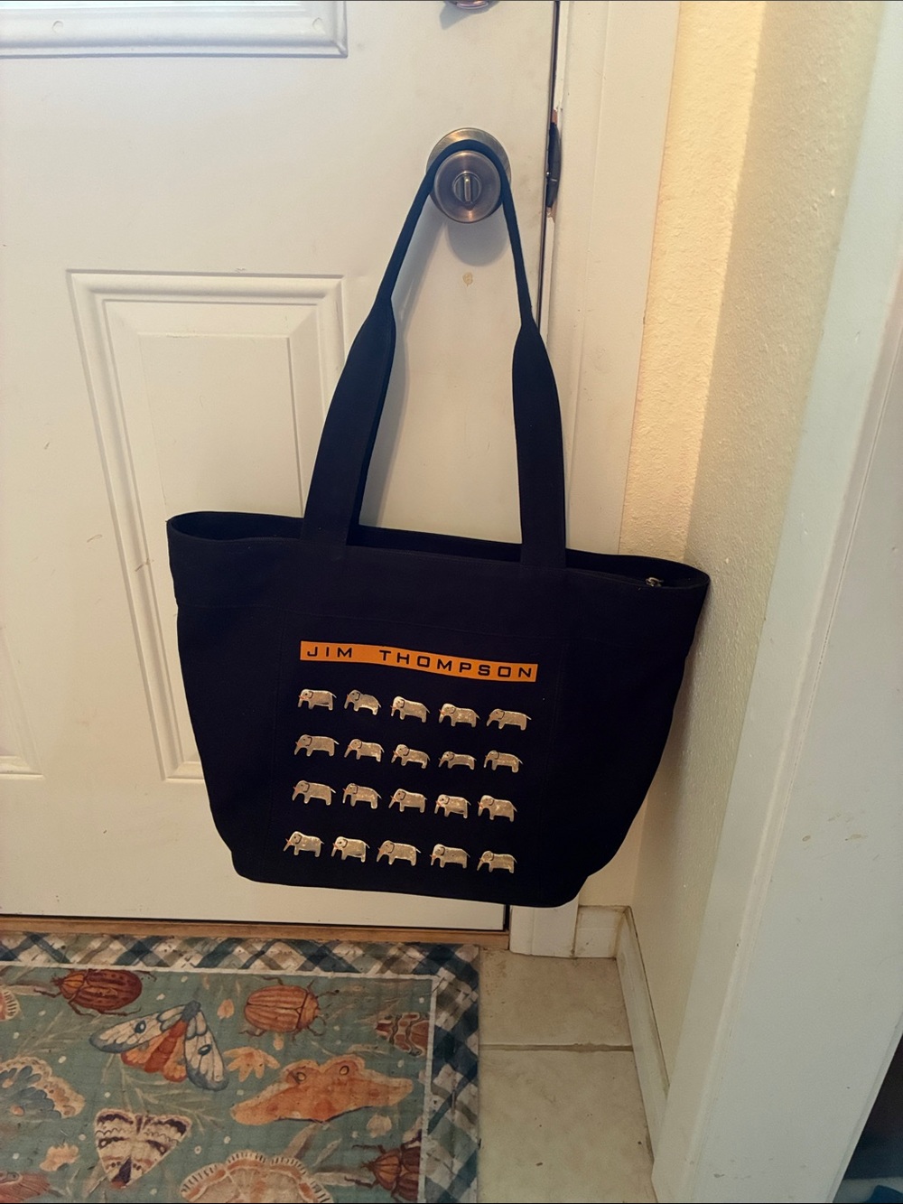 Thompson Black Canvas Tote with Orange Logo and Silver Elephant Accents